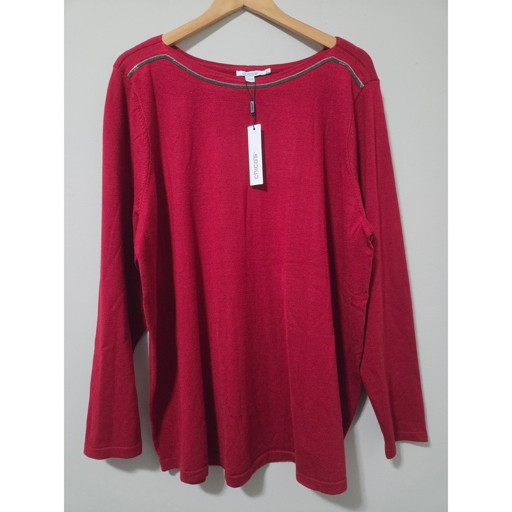 Chico's Red Boat Neck Beaded Trim Long Sleeve Knit Top Sweater Size 4 XXL NWT